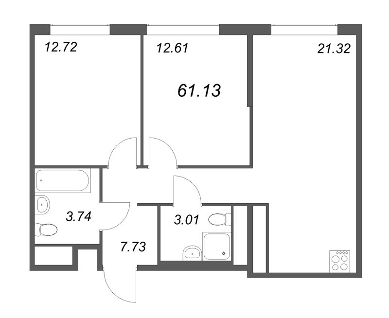 3-комнатная (Евро) квартира, 61.13 м² - планировка, фото №1