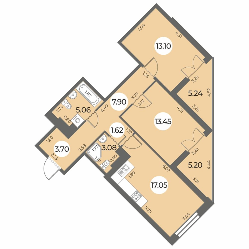 3-комнатная (Евро) квартира, 70.18 м² в ЖК "Огни Залива" - планировка, фото №1