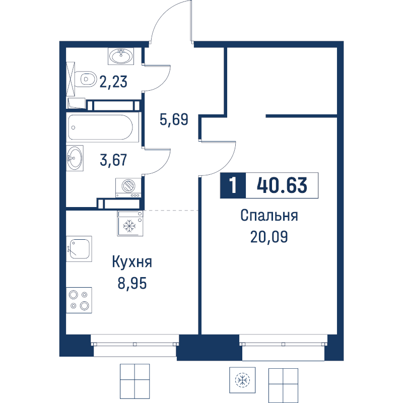 1-комнатная квартира, 40.63 м² в ЖК "Символист" - планировка, фото №1