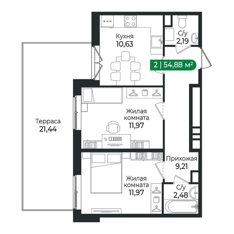 2-комнатная квартира, 54.88 м² в ЖК "Сертолово Парк" - планировка, фото №1