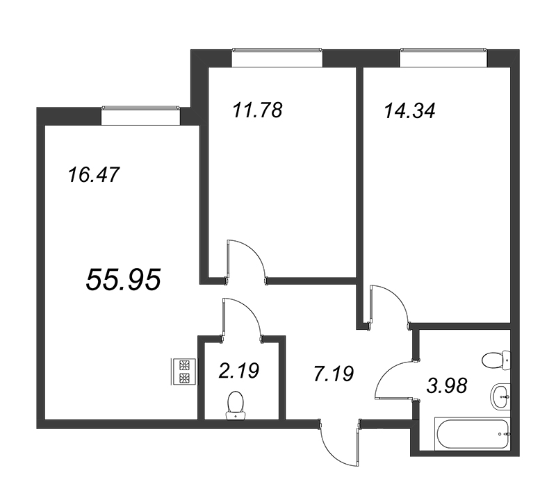 3-комнатная (Евро) квартира, 55.95 м² - планировка, фото №1