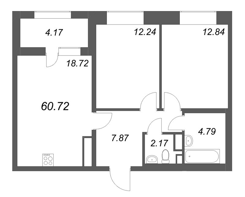3-комнатная (Евро) квартира, 60.72 м² в ЖК "Аквилон Солар" - планировка, фото №1