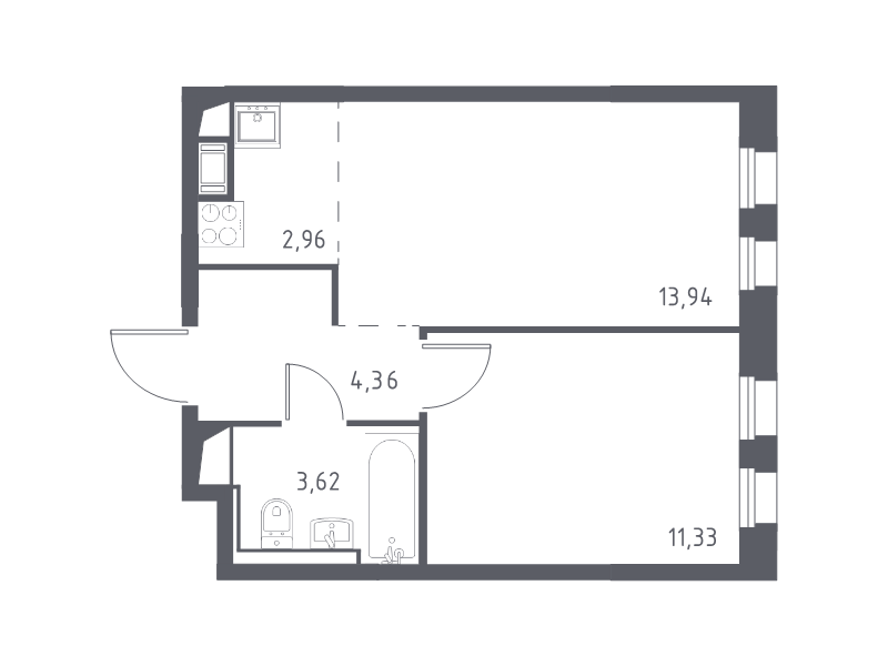 2-комнатная (Евро) квартира, 36.21 м² в ЖК "Новые Лаврики" - планировка, фото №1