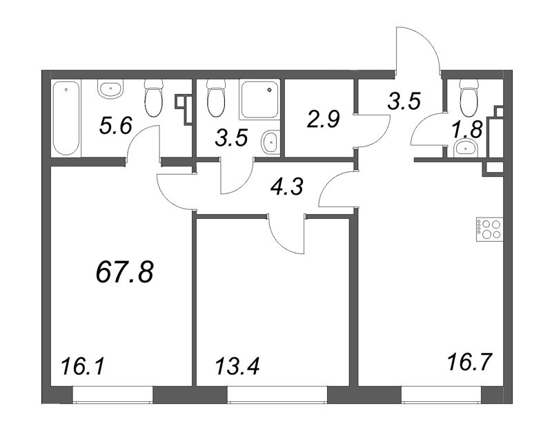 3-комнатная (Евро) квартира, 68.1 м² в ЖК "Визионер" - планировка, фото №1