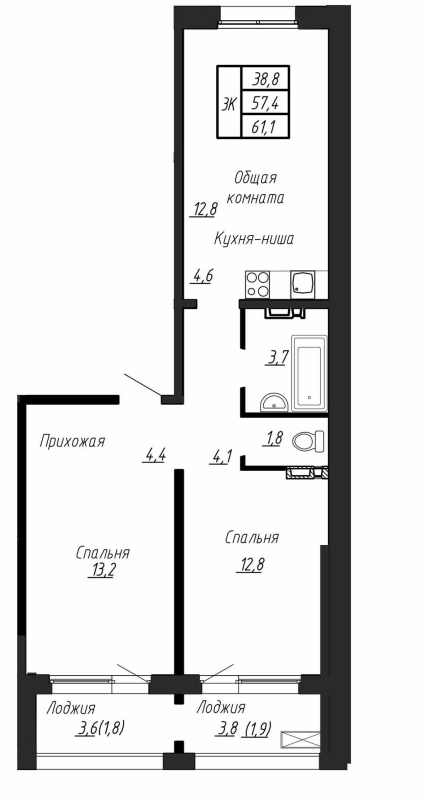 3-комнатная (Евро) квартира, 61.1 м² в ЖК "Сибирь" - планировка, фото №1