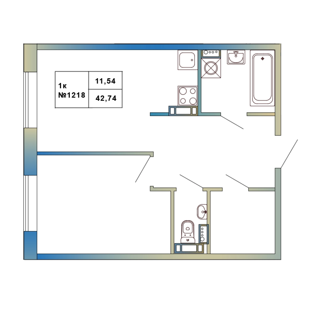 1-комнатная квартира, 42.74 м² в ЖК "Атмосфера Выборга" - планировка, фото №1