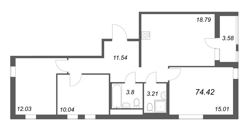 4-комнатная (Евро) квартира, 74.42 м² в ЖК "Мурино Space" - планировка, фото №1