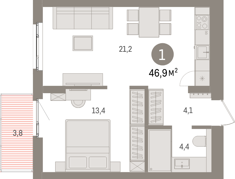 2-комнатная (Евро) квартира, 46.9 м² в ЖК "Брусника в Новоселье" - планировка, фото №1