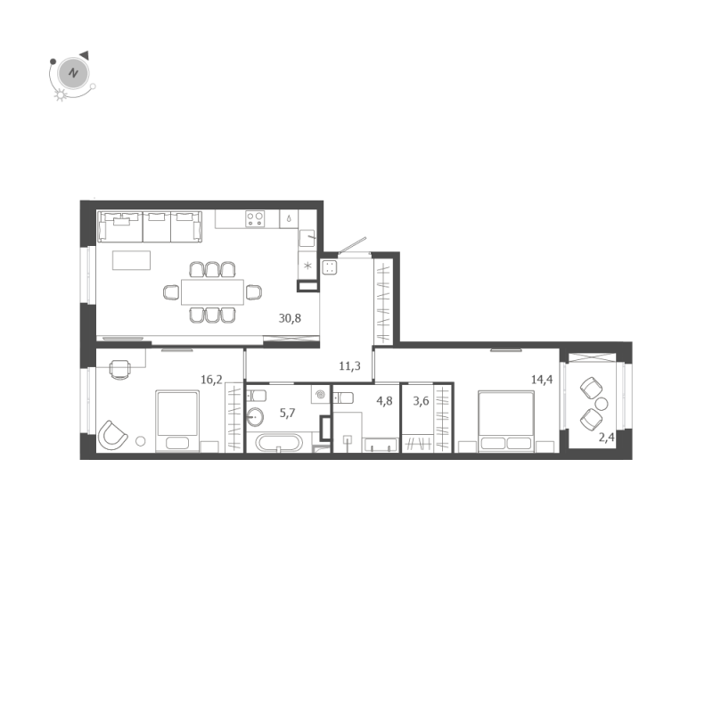 3-комнатная (Евро) квартира, 89.2 м² в ЖК "ЛДМ" - планировка, фото №1