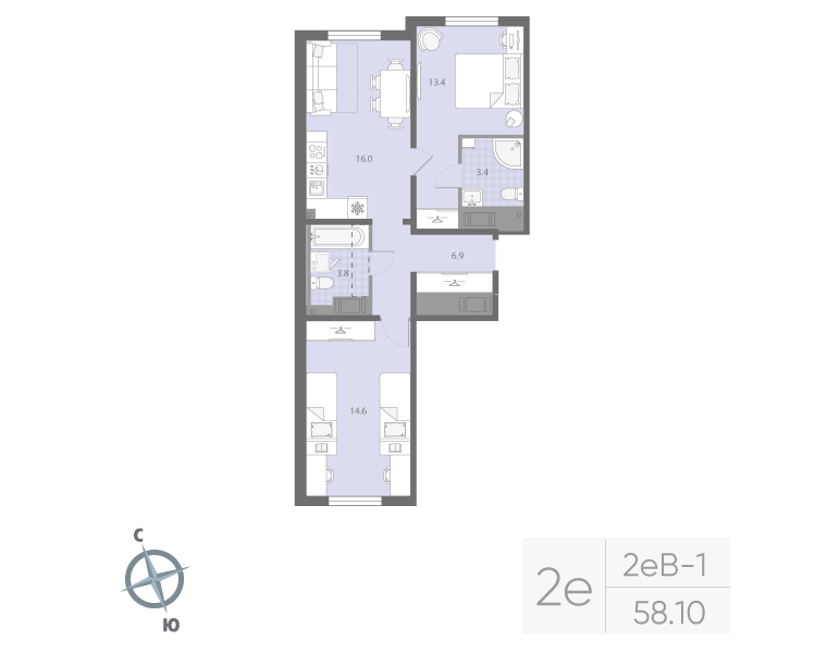 3-комнатная (Евро) квартира, 58.1 м² - планировка, фото №1