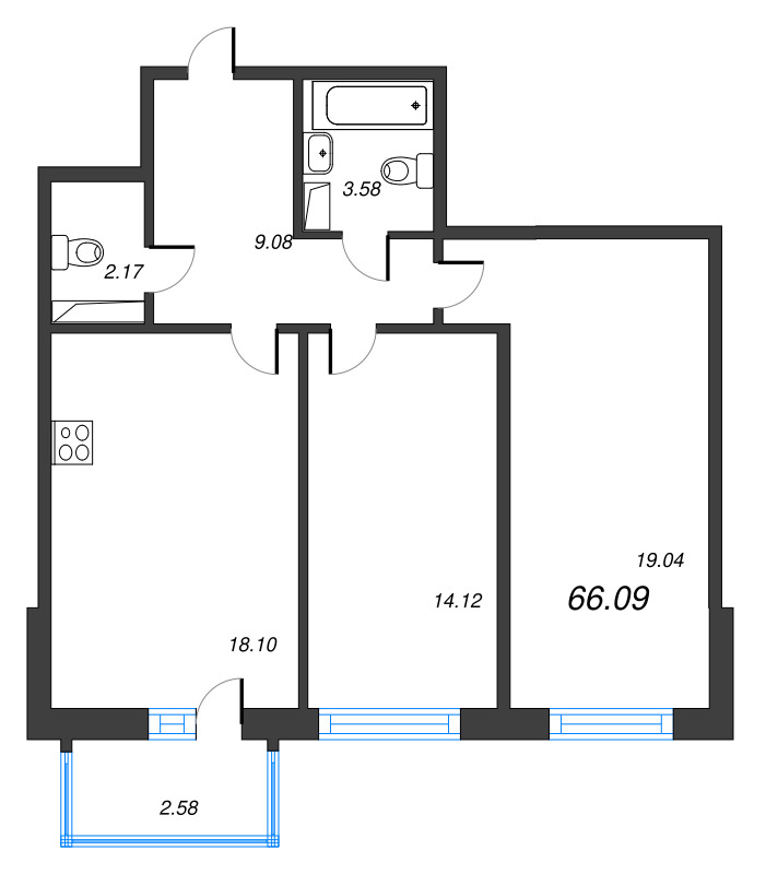 3-комнатная (Евро) квартира, 66.09 м² в ЖК "Чёрная речка" - планировка, фото №1