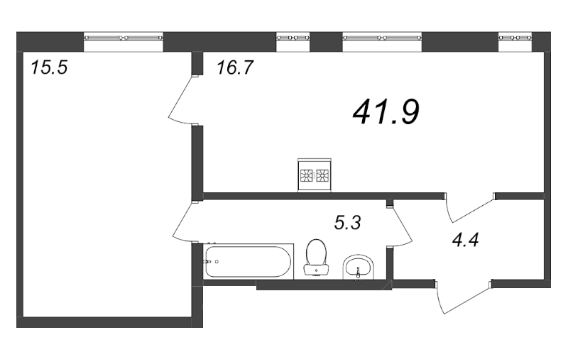 1-комнатная квартира, 41.9 м² - планировка, фото №1
