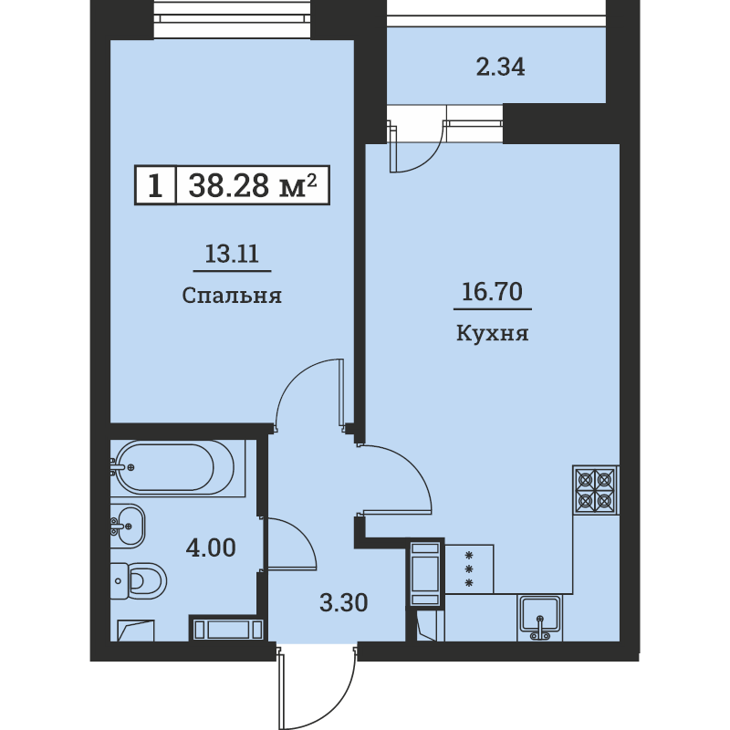 1-комнатная квартира, 38.28 м² - планировка, фото №1