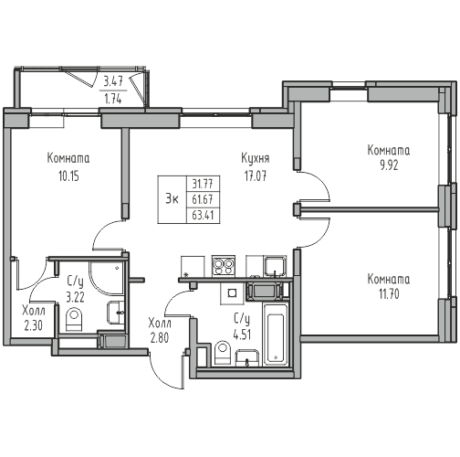 4-комнатная (Евро) квартира, 63.41 м² в ЖК "Юнтолово" - планировка, фото №1