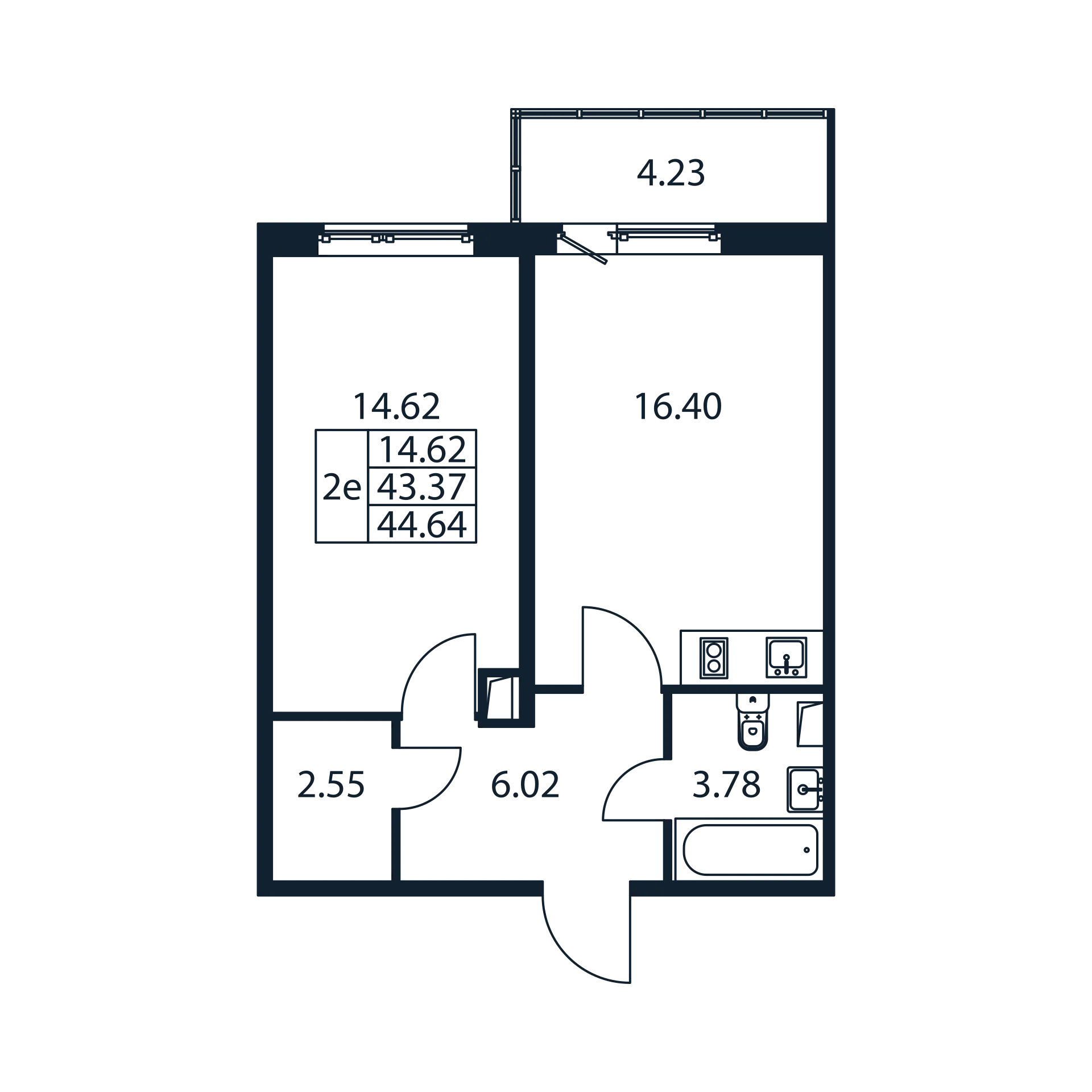 2-комнатная (Евро) квартира, 43.37 м² в ЖК "Полис ЛАВрики" - планировка, фото №1