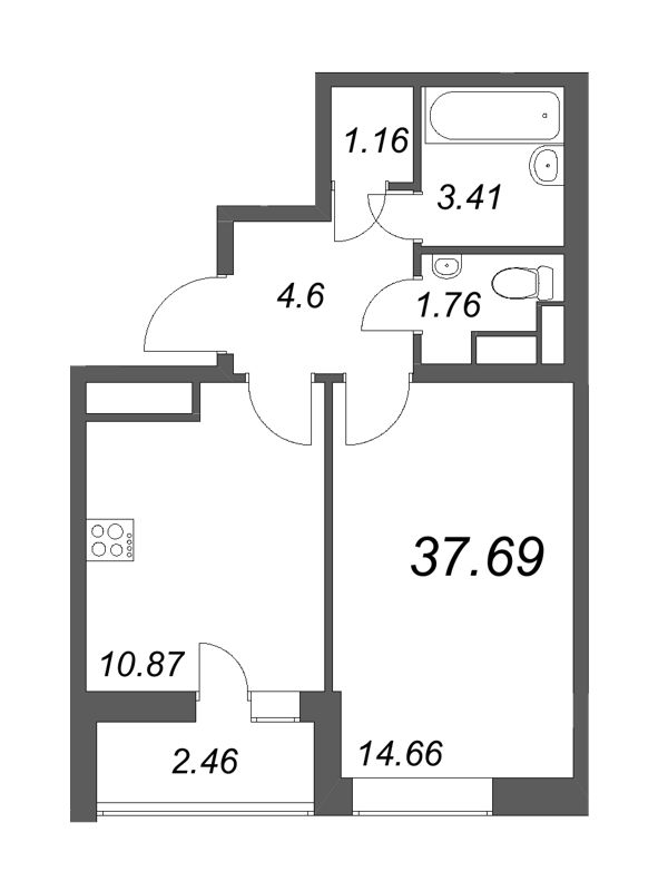 1-комнатная квартира, 37.69 м² - планировка, фото №1