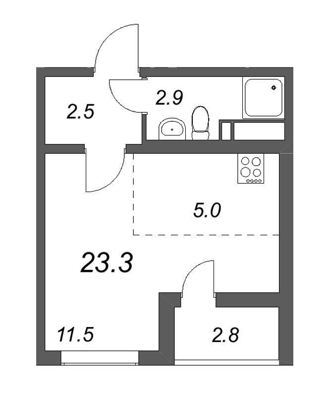 Квартира-студия, 23.3 м² в ЖК "Цветной город" - планировка, фото №1
