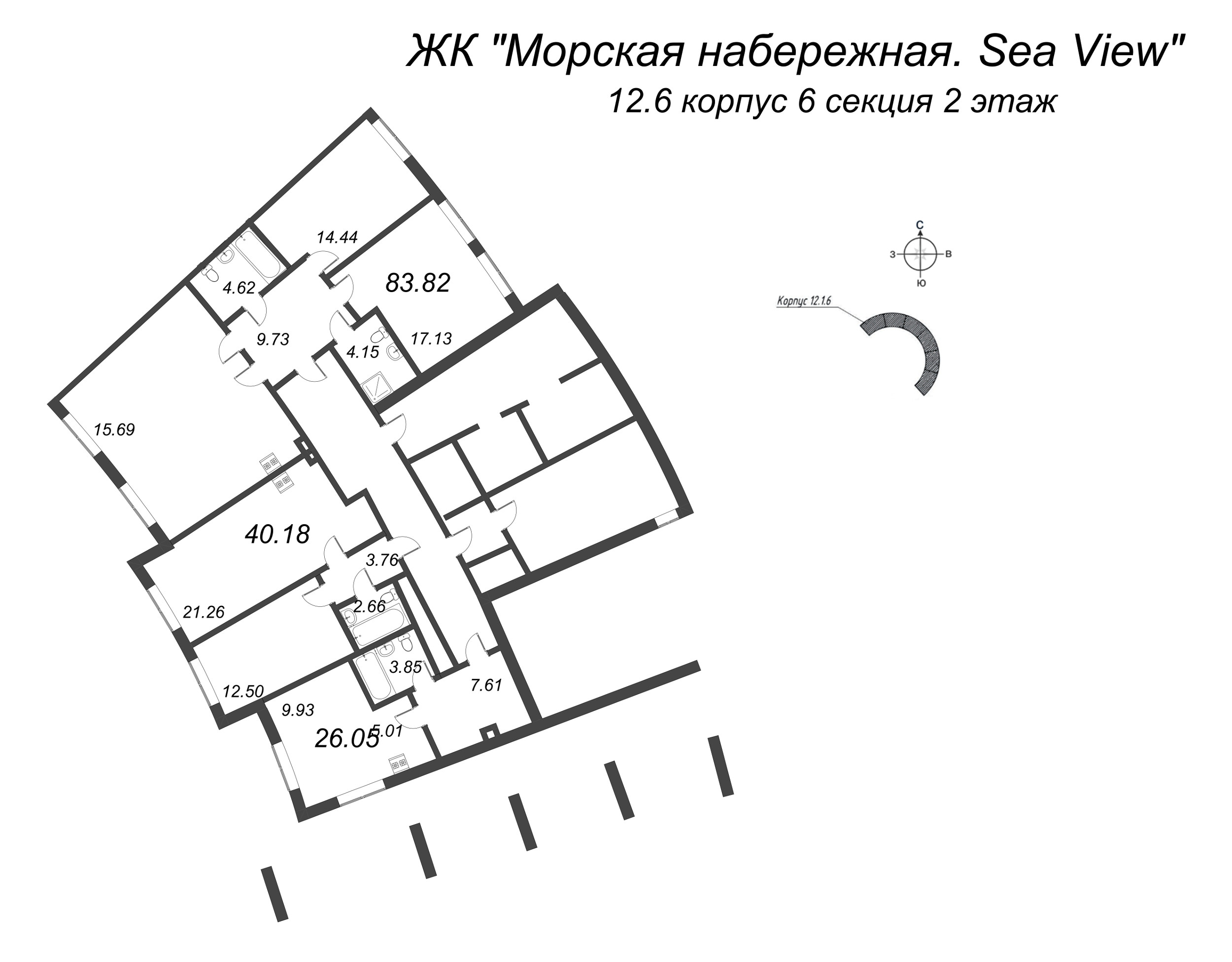 4-комнатная (Евро) квартира, 83.82 м² в ЖК "Морская набережная. SeaView" - планировка этажа