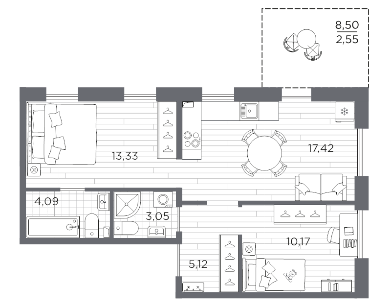 3-комнатная (Евро) квартира, 55.73 м² в ЖК "Сезоны" - планировка, фото №1