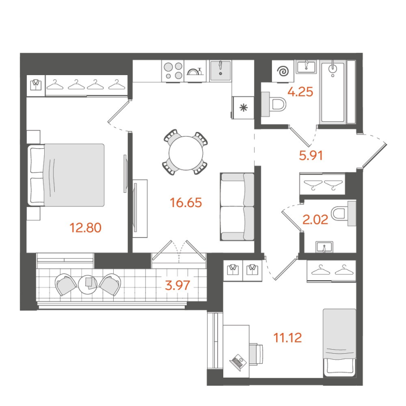 3-комнатная (Евро) квартира, 54.7 м² в ЖК "STAVNI Обводный" - планировка, фото №1