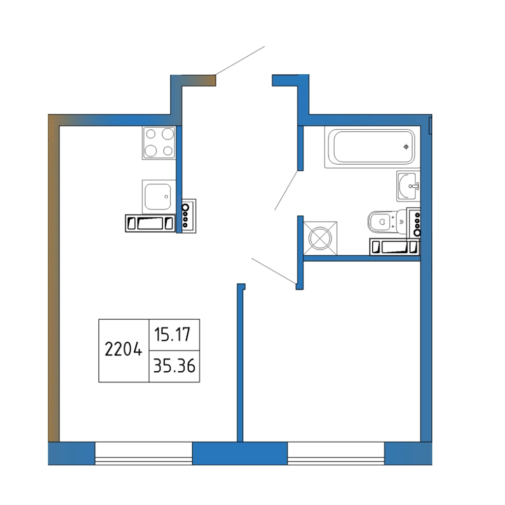 2-комнатная (Евро) квартира, 35.36 м² в ЖК "Атмосфера Выборга" - планировка, фото №1