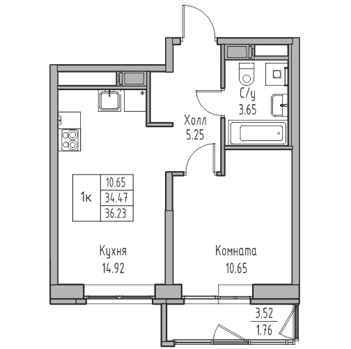 1-комнатная квартира, 36.23 м² в ЖК "Юнтолово" - планировка, фото №1