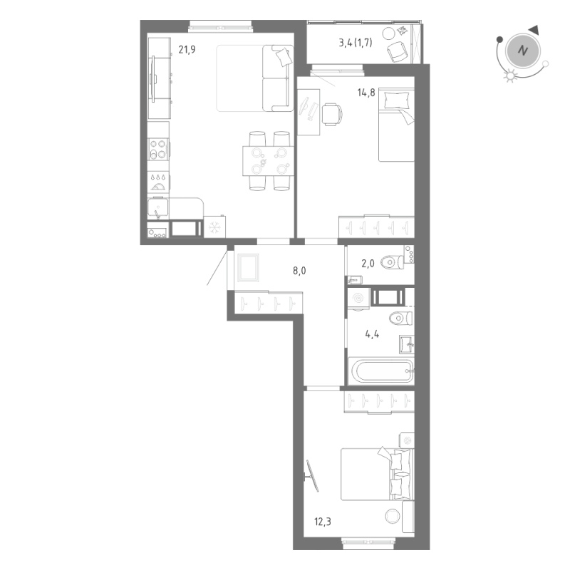 3-комнатная (Евро) квартира, 65.1 м² в ЖК "Клюква.Парк" - планировка, фото №1