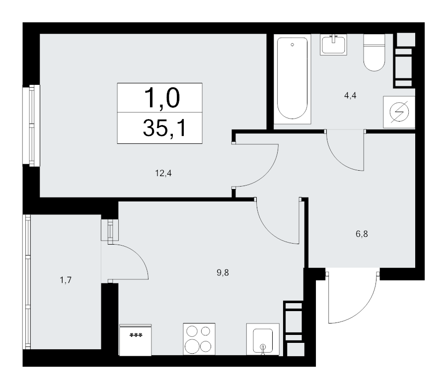 1-комнатная квартира, 35.1 м² - планировка, фото №1