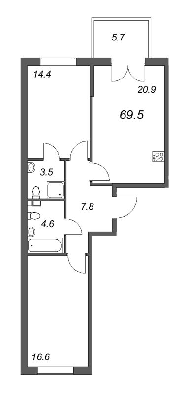 3-комнатная (Евро) квартира, 69.5 м² - планировка, фото №1