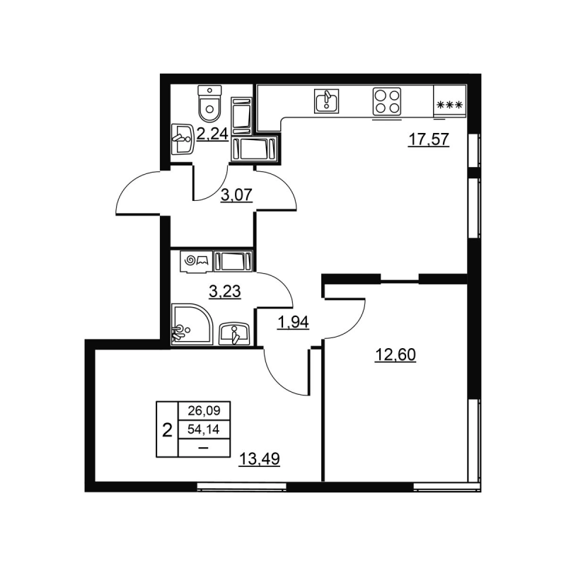 3-комнатная (Евро) квартира, 54.14 м² в ЖК "Высота. Новодевяткино" - планировка, фото №1