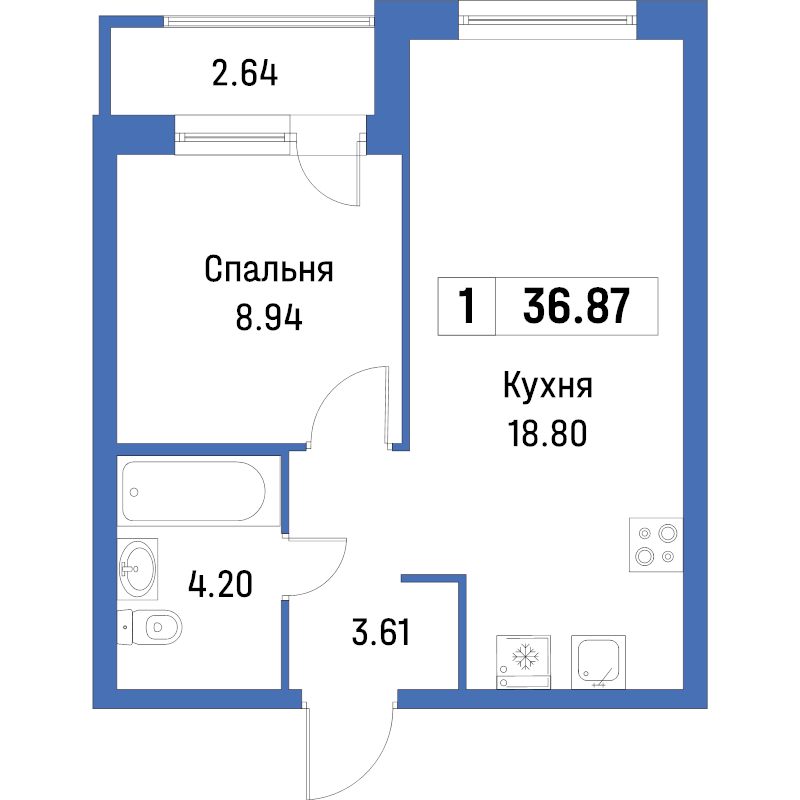 2-комнатная (Евро) квартира, 36.87 м² в ЖК "Урбанист" - планировка, фото №1