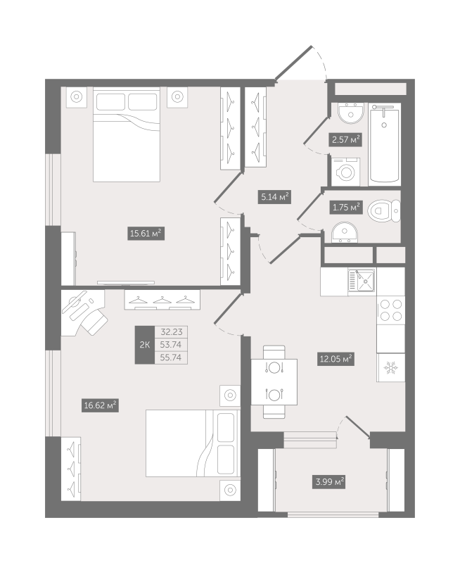 2-комнатная квартира, 55.74 м² в ЖК "UP-квартал "Воронцовский"" - планировка, фото №1