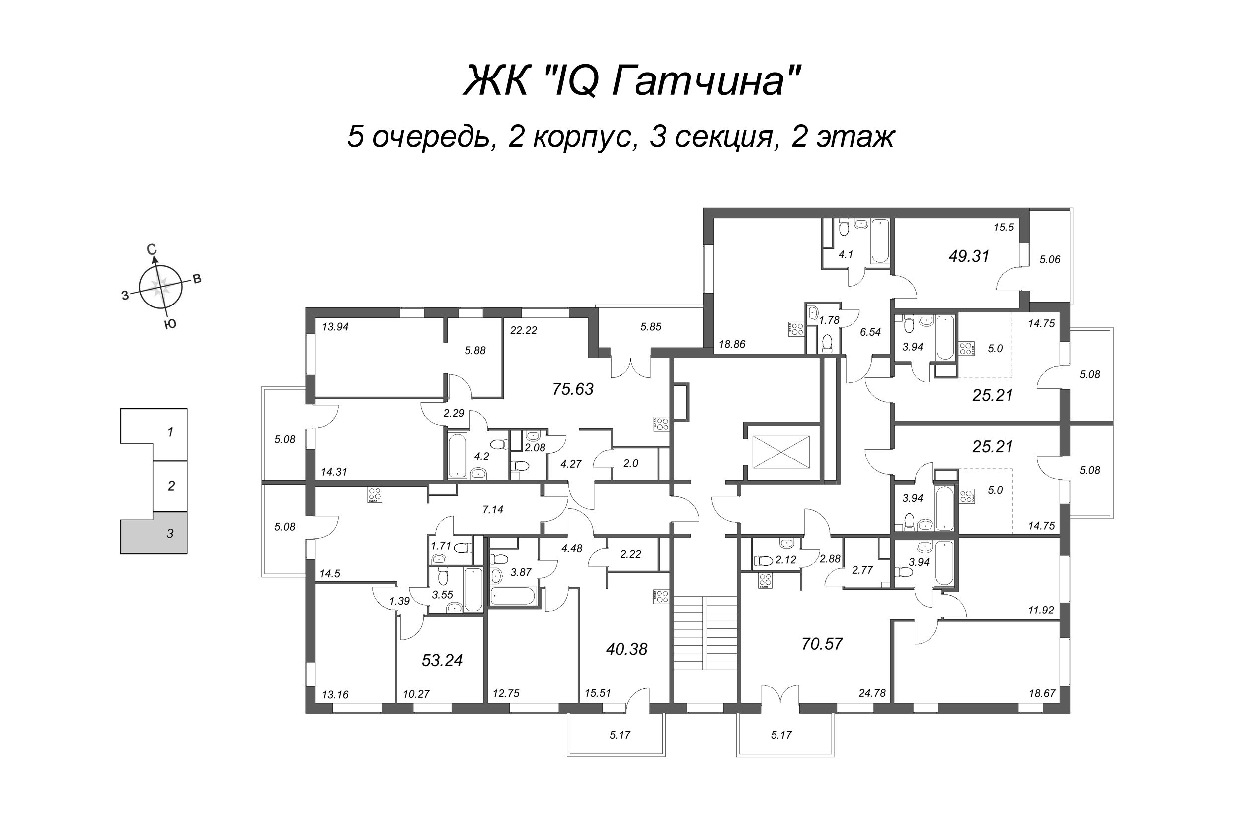 2-комнатная (Евро) квартира, 44 м² в ЖК "IQ Гатчина" - планировка этажа