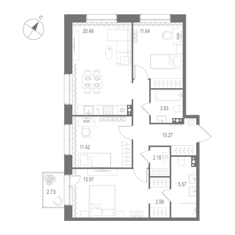 4-комнатная (Евро) квартира, 82.34 м² - планировка, фото №1