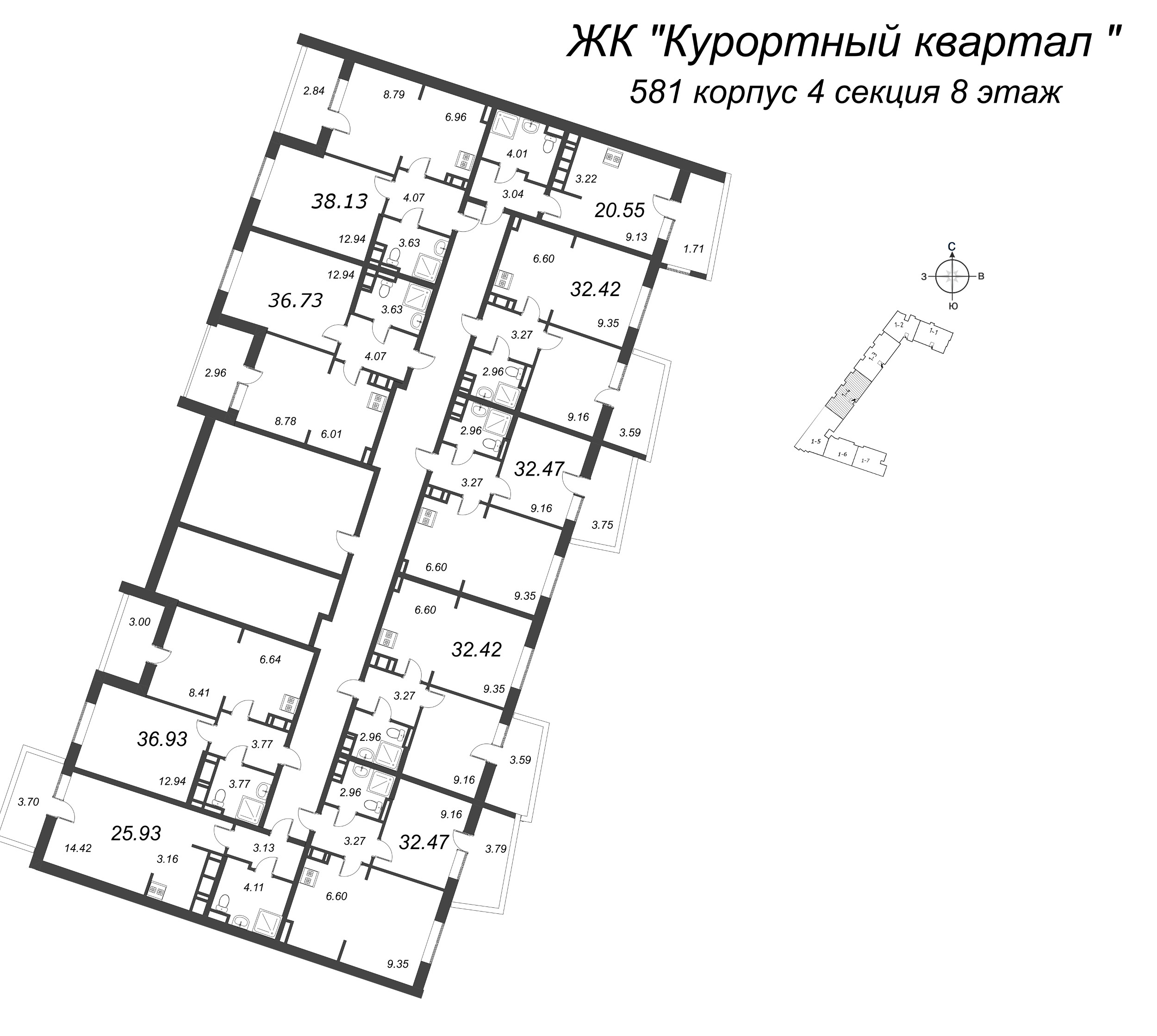 2-комнатная (Евро) квартира, 32.47 м² в ЖК "Курортный Квартал" - планировка этажа