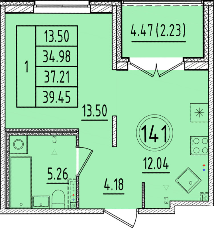 1-комнатная квартира, 34.98 м² - планировка, фото №1