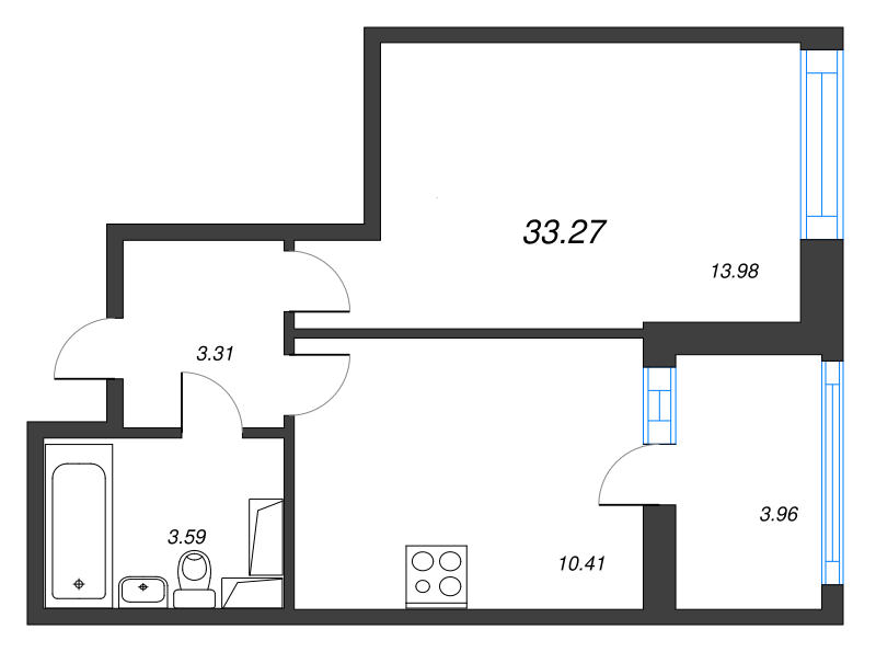 1-комнатная квартира, 33.27 м² - планировка, фото №1