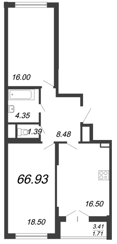 3-комнатная (Евро) квартира, 68.3 м² - планировка, фото №1