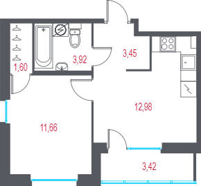 1-комнатная квартира, 35.32 м² в ЖК "Город-спутник Южный" - планировка, фото №1