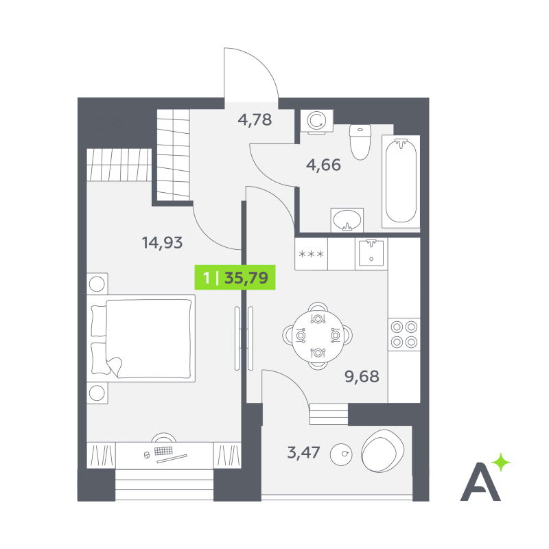 1-комнатная квартира, 35.79 м² в ЖК "Аквилон РекаПарк" - планировка, фото №1