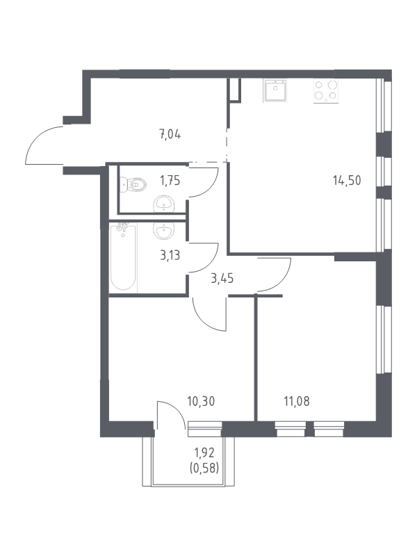 2-комнатная квартира, 51.83 м² - планировка, фото №1