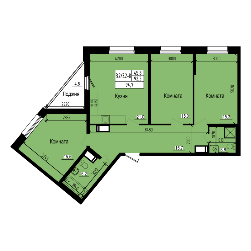 4-комнатная (Евро) квартира, 94.7 м² в ЖК "ПРАГМА city" - планировка, фото №1