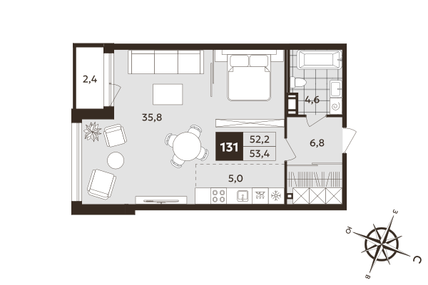 Квартира-студия, 52.2 м² в ЖК "Дом на Бронницкой" - планировка, фото №1
