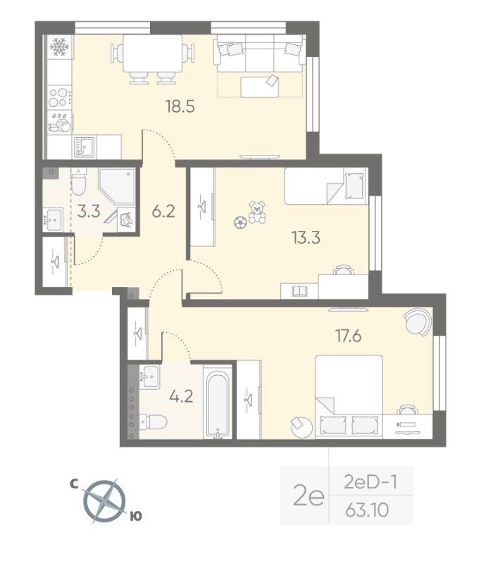 3-комнатная (Евро) квартира, 63.2 м² в ЖК "Пулково Lake" - планировка, фото №1