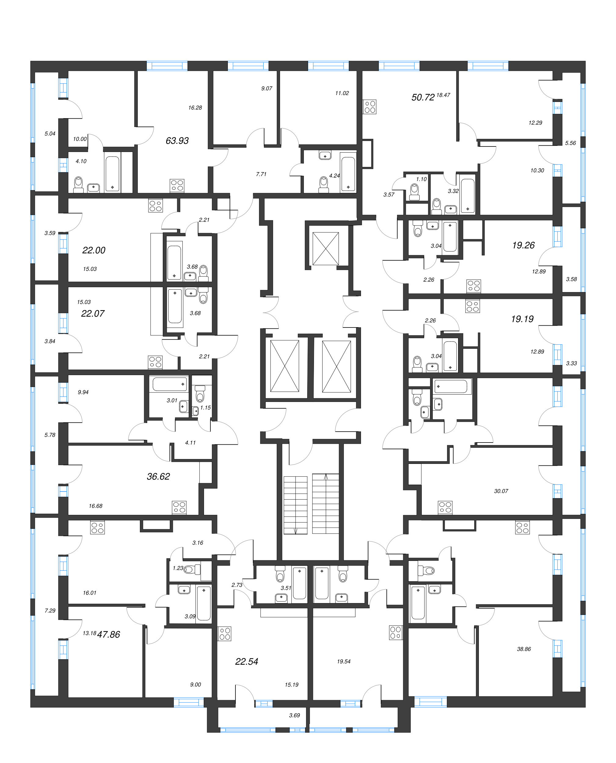 3-комнатная (Евро) квартира, 47.86 м² - планировка этажа
