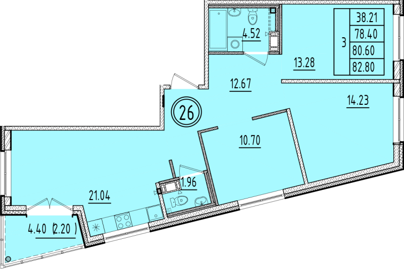 4-комнатная (Евро) квартира, 78.4 м² в ЖК "Образцовый квартал 6.4" - планировка, фото №1