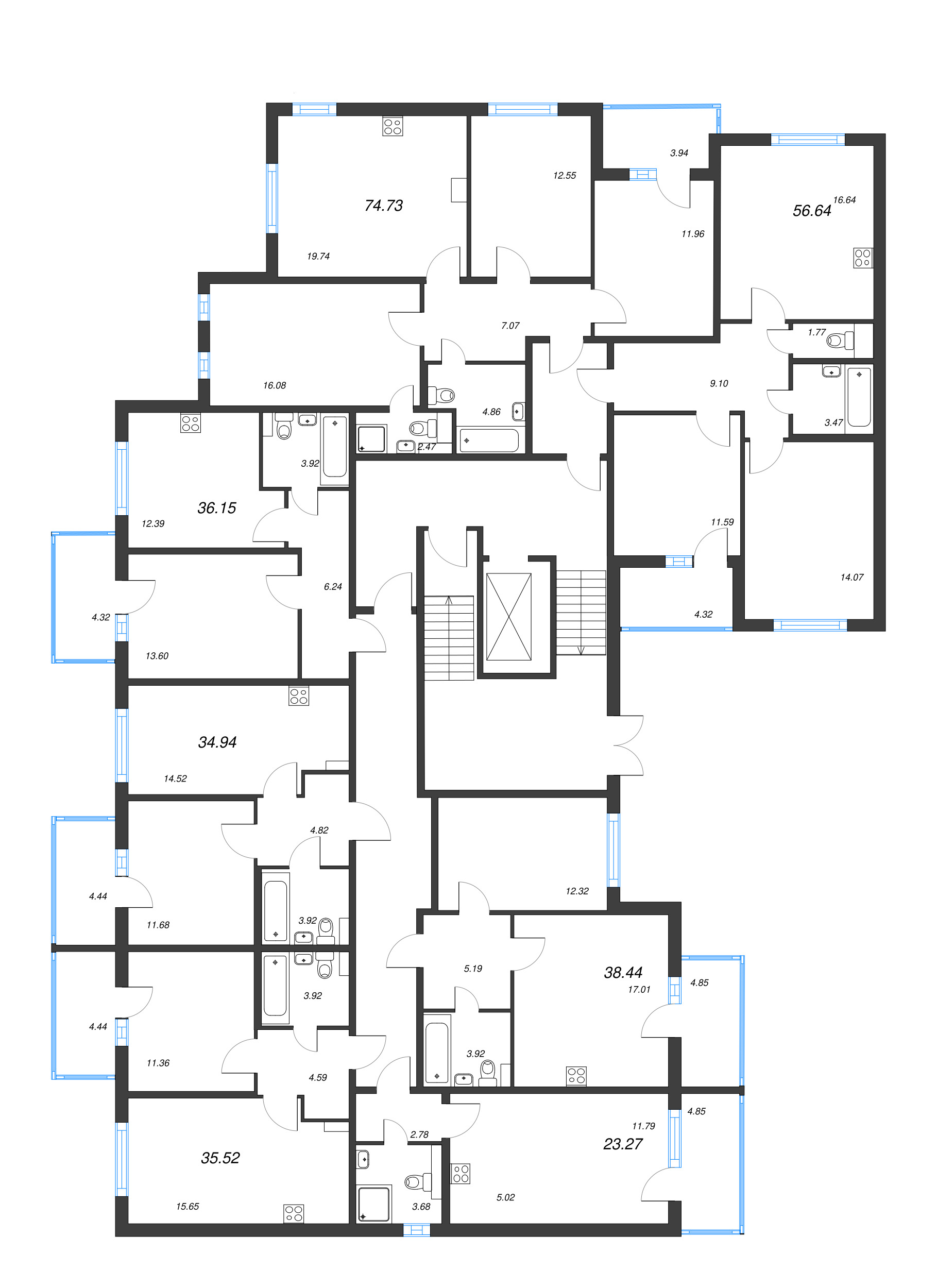 2-комнатная (Евро) квартира, 35.52 м² - планировка этажа