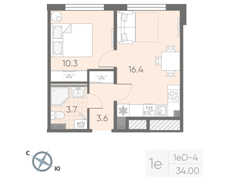 2-комнатная (Евро) квартира, 34 м² в ЖК "Пулково Lake" - планировка, фото №1