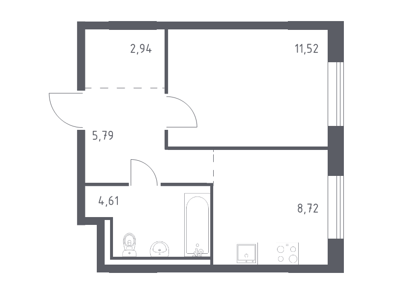 1-комнатная квартира, 33.58 м² - планировка, фото №1
