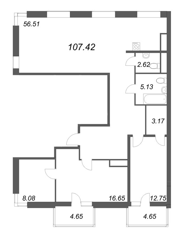 3-комнатная (Евро) квартира, 107.42 м² - планировка, фото №1